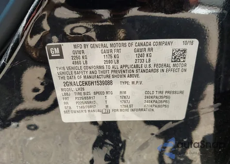 2017 Chevrolet Equinox Lt z USA, uszkodzony, nr VIN 2GNALCEK6H1539088